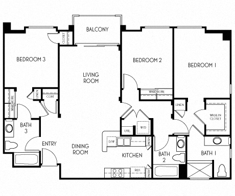 Floor plan for 3 beds, 3 baths, 1252 sqft
